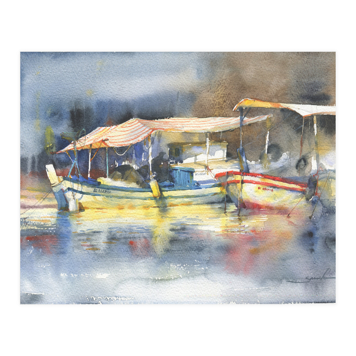 Yachts in the port. Watercolor art (Print Only)