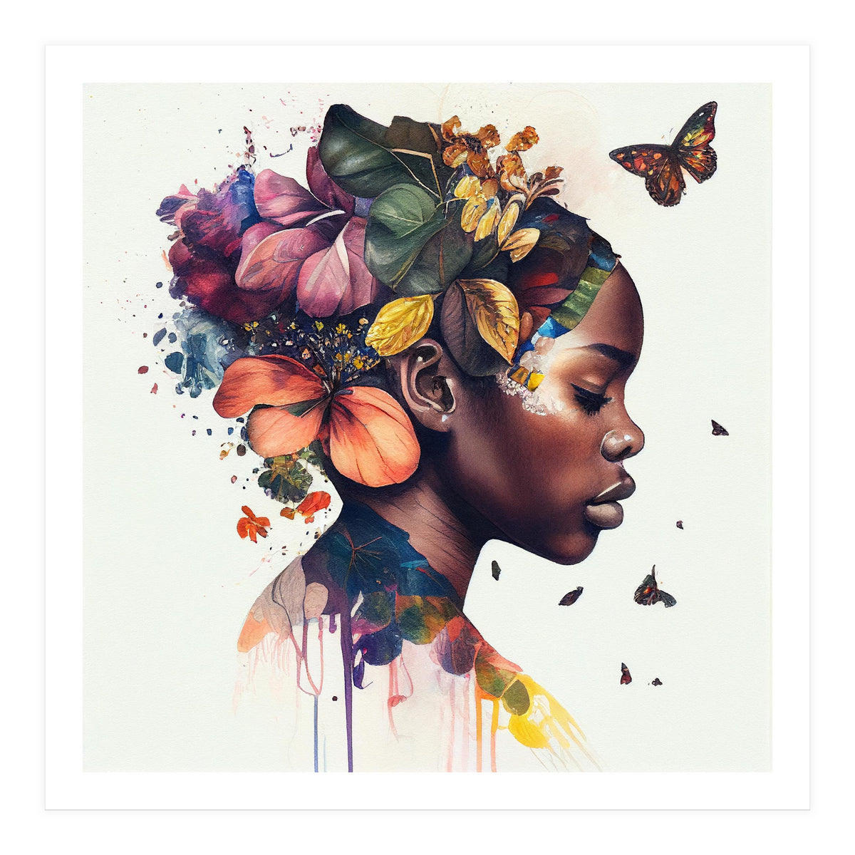 Watercolor Butterfly African Woman #10 (Print Only)