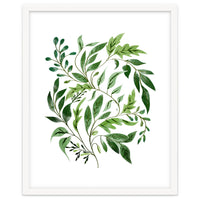 Botanical Abundance, Fresh Green Nature Watercolor Painting, Vibrant Leaves Minimal Illustration