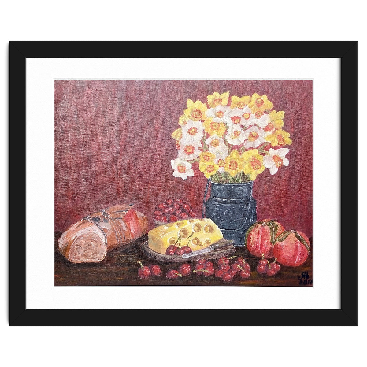 Still life with cheese, daffodils on a red background.