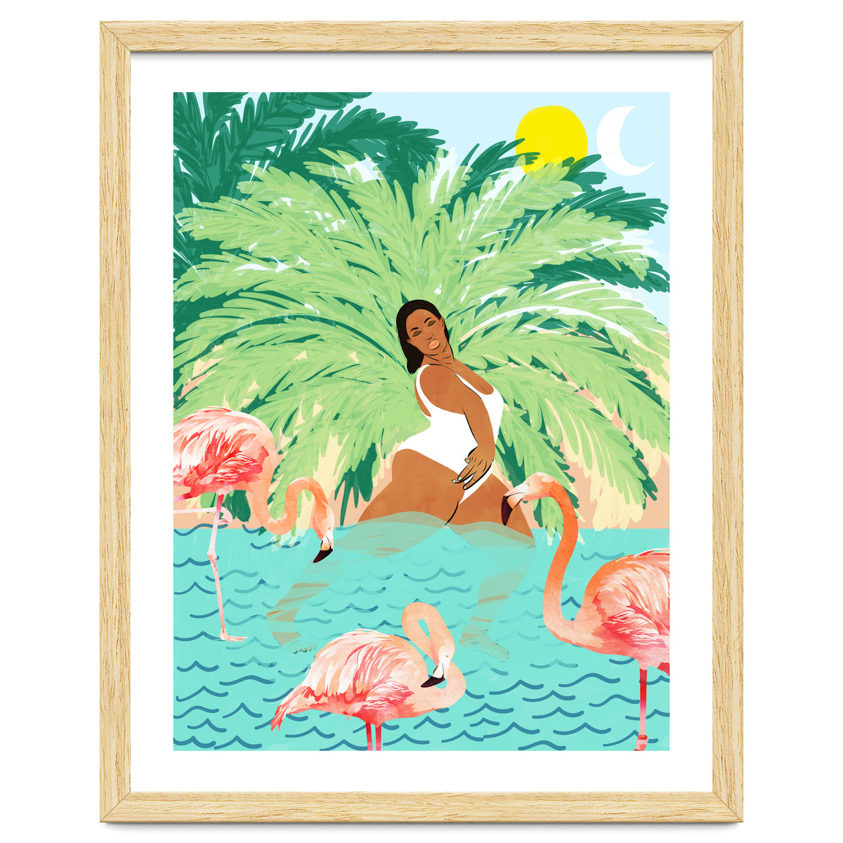 Tropical Summer Water Yoga with Palm & Flamingos | Woman of Color Black Woman Body Positivity