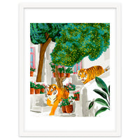 Tigers in Greece | Santorini Travel Architecture, Wildlife Animal Painting | Watercolor Illustration