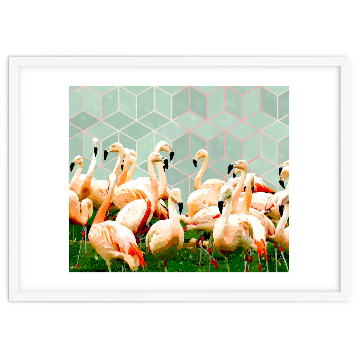 Flamingle Abstract Digital, Flamingo Wildlife Painting, Birds Geometric Collage