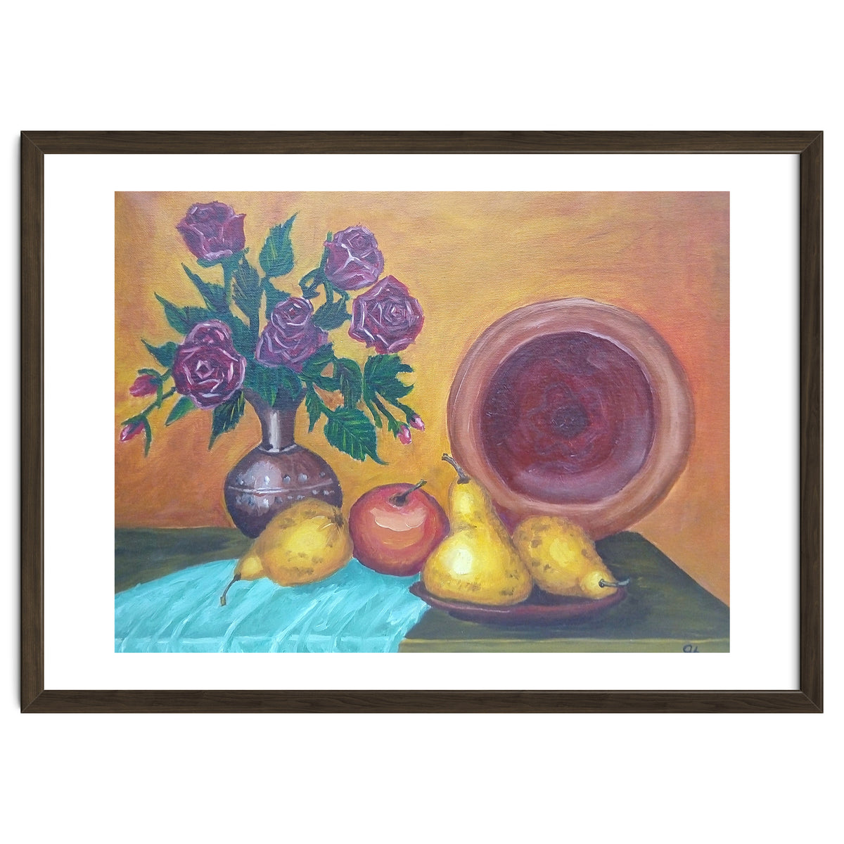 Still life with pears, roses and a dish.