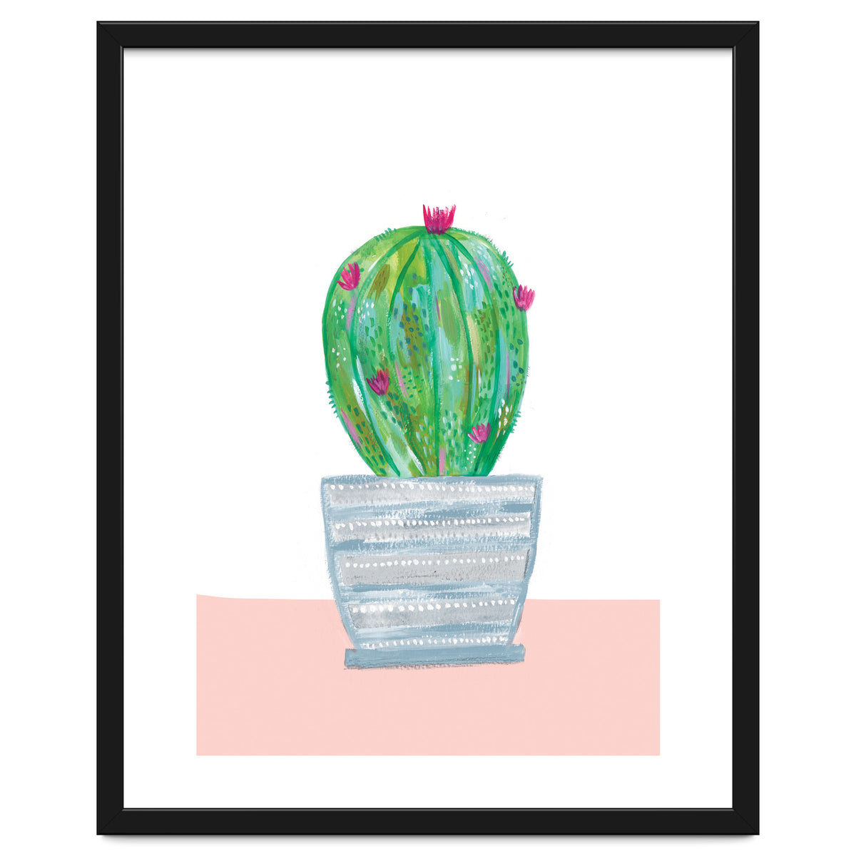Painted Cactus In Blue Stripe Plant Pot