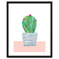 Painted Cactus In Blue Stripe Plant Pot