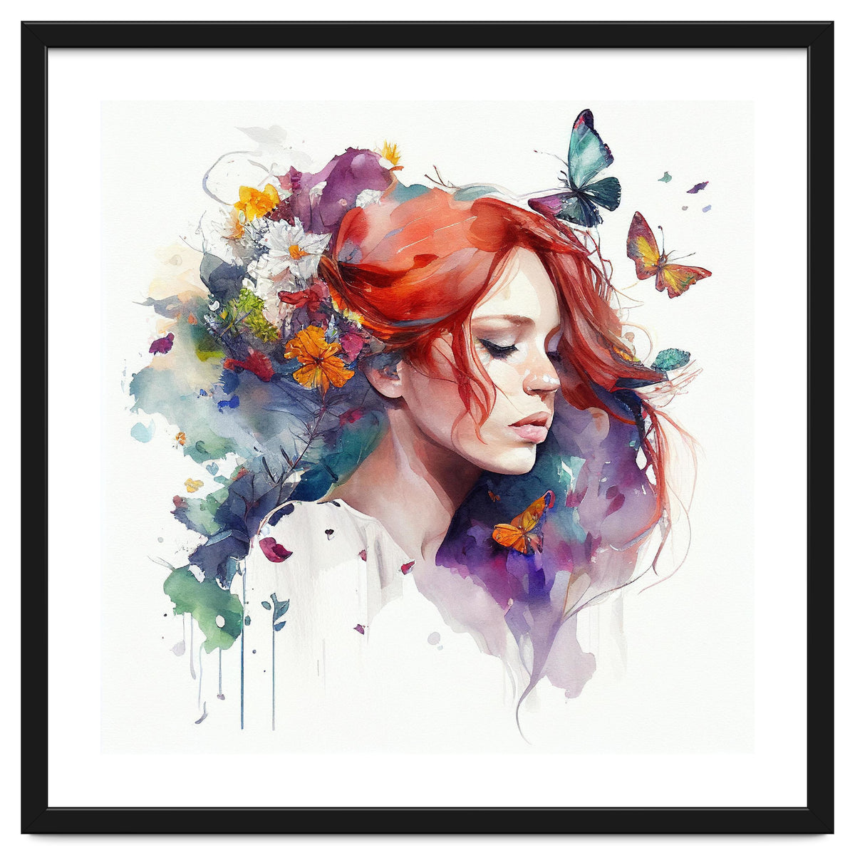 Watercolor Floral Red Hair Woman #1