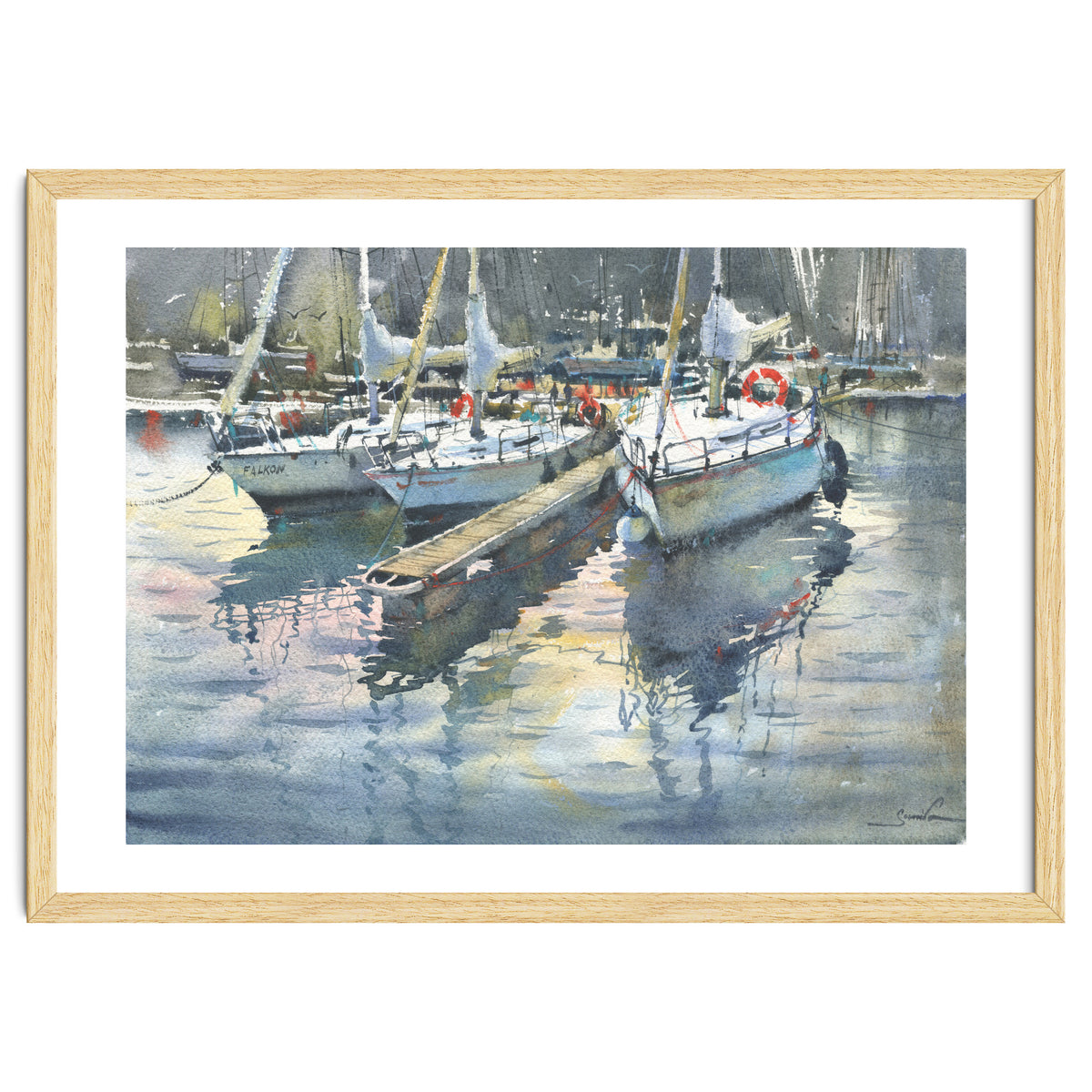 Yachts in the port. Watercolor painting
