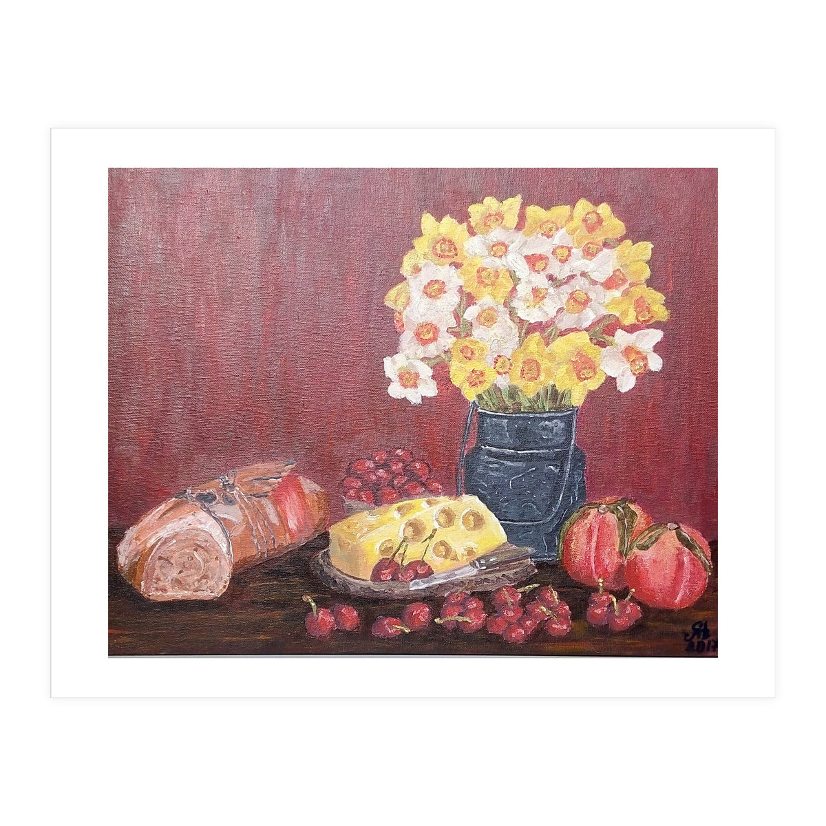 Still life with cheese, daffodils on a red background. (Print Only)