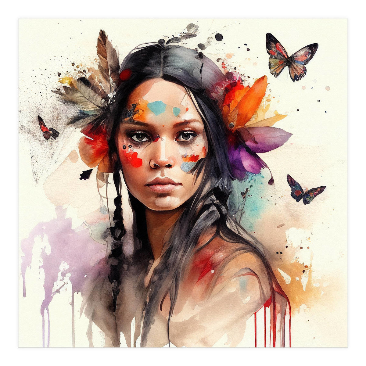 Watercolor Floral Indian Native Woman #6 (Print Only)