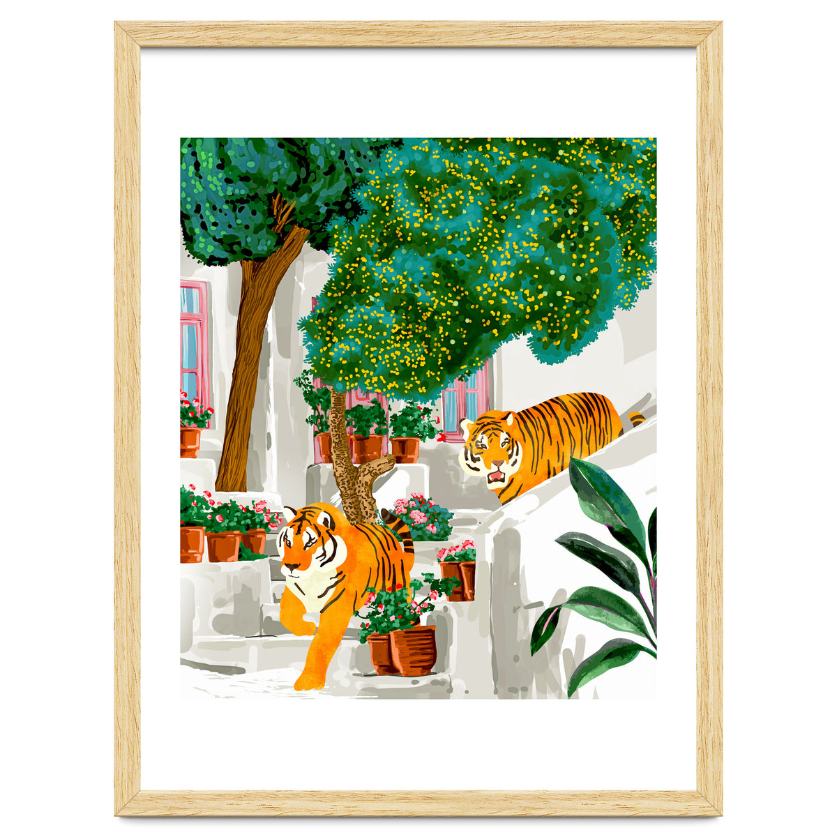 Tigers in Greece | Santorini Travel Architecture, Wildlife Animal Painting | Watercolor Illustration
