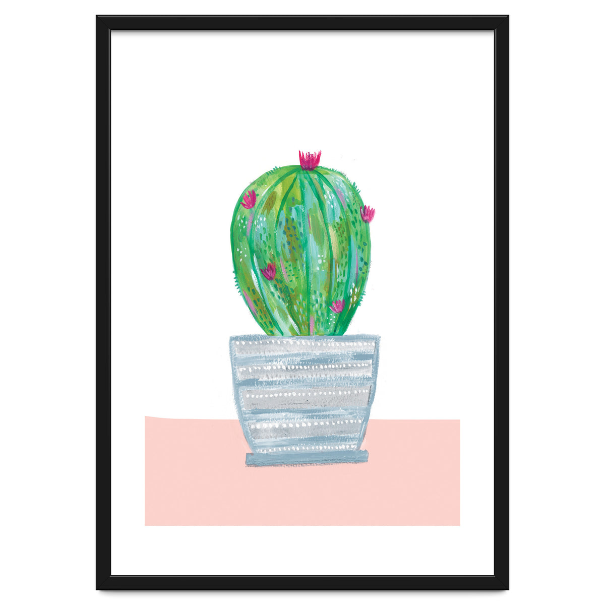 Painted Cactus In Blue Stripe Plant Pot