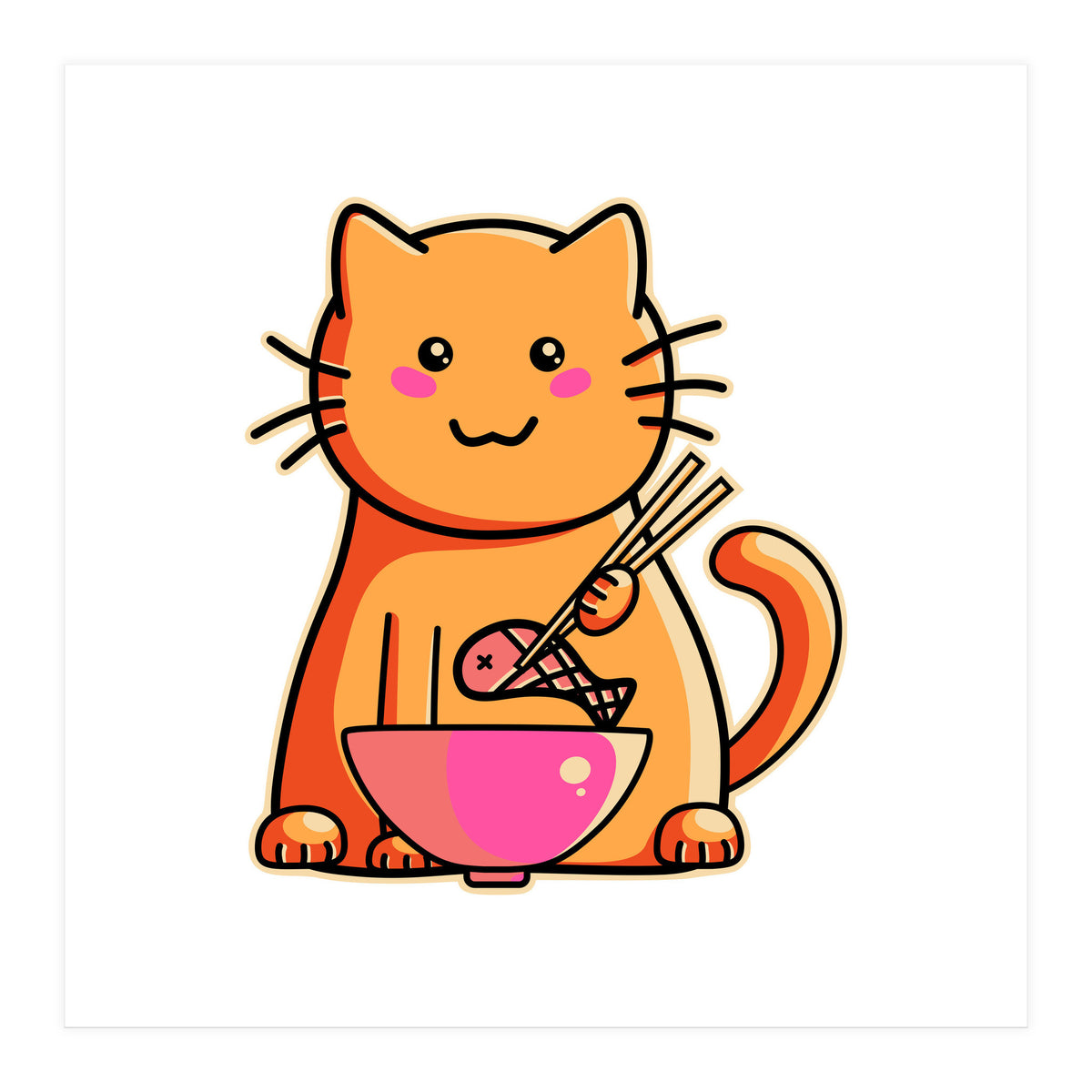 A Cat's Favourite Meal - kawaii cat eating fish with chopsticks (Print Only)