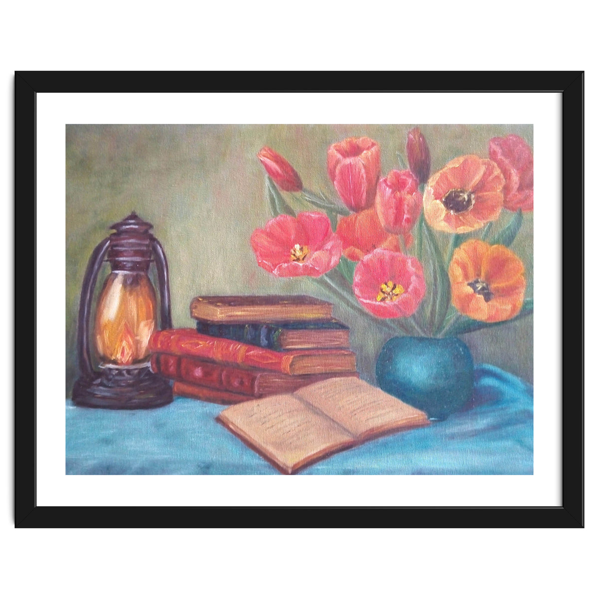 Still life with tulips, books and an old lamp.