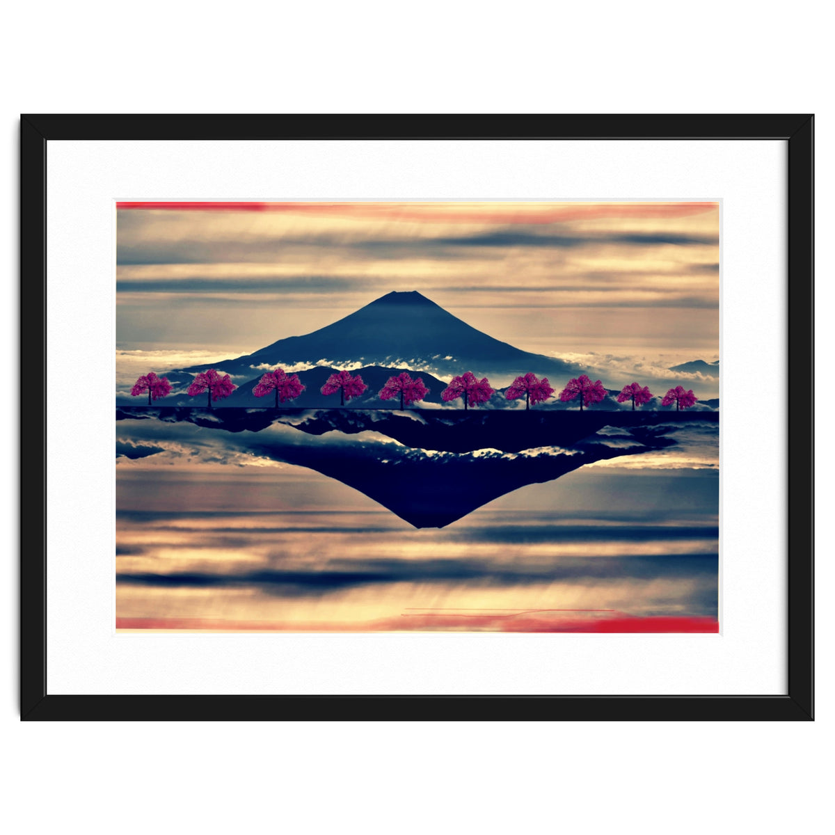 Reflection on Mount Fuji with cherry trees.