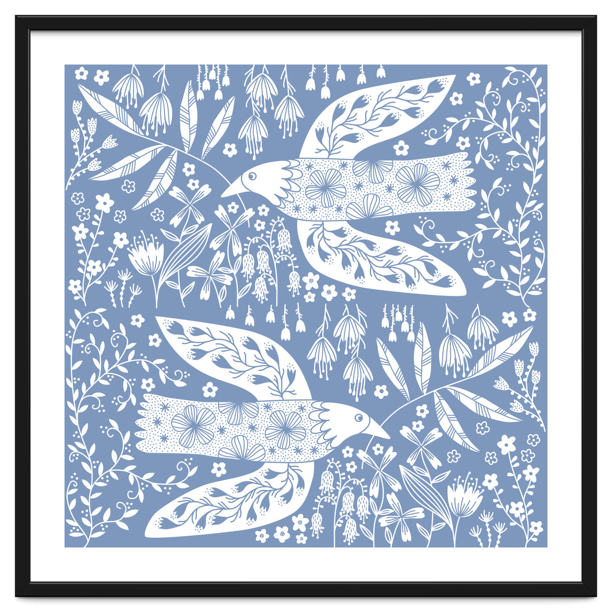 Doves And Flowers White On Blue