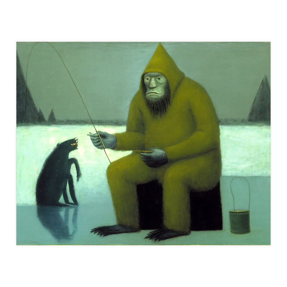 Yeti Ice Fishing With His Dog (Print Only)