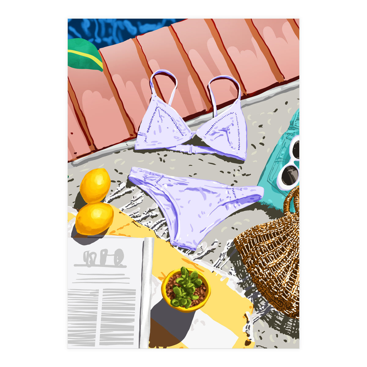 Summer on my mind, Tropical Travel Swimming Pool Fashion Illustration, Eclectic Beachy Summer Bikini (Print Only)