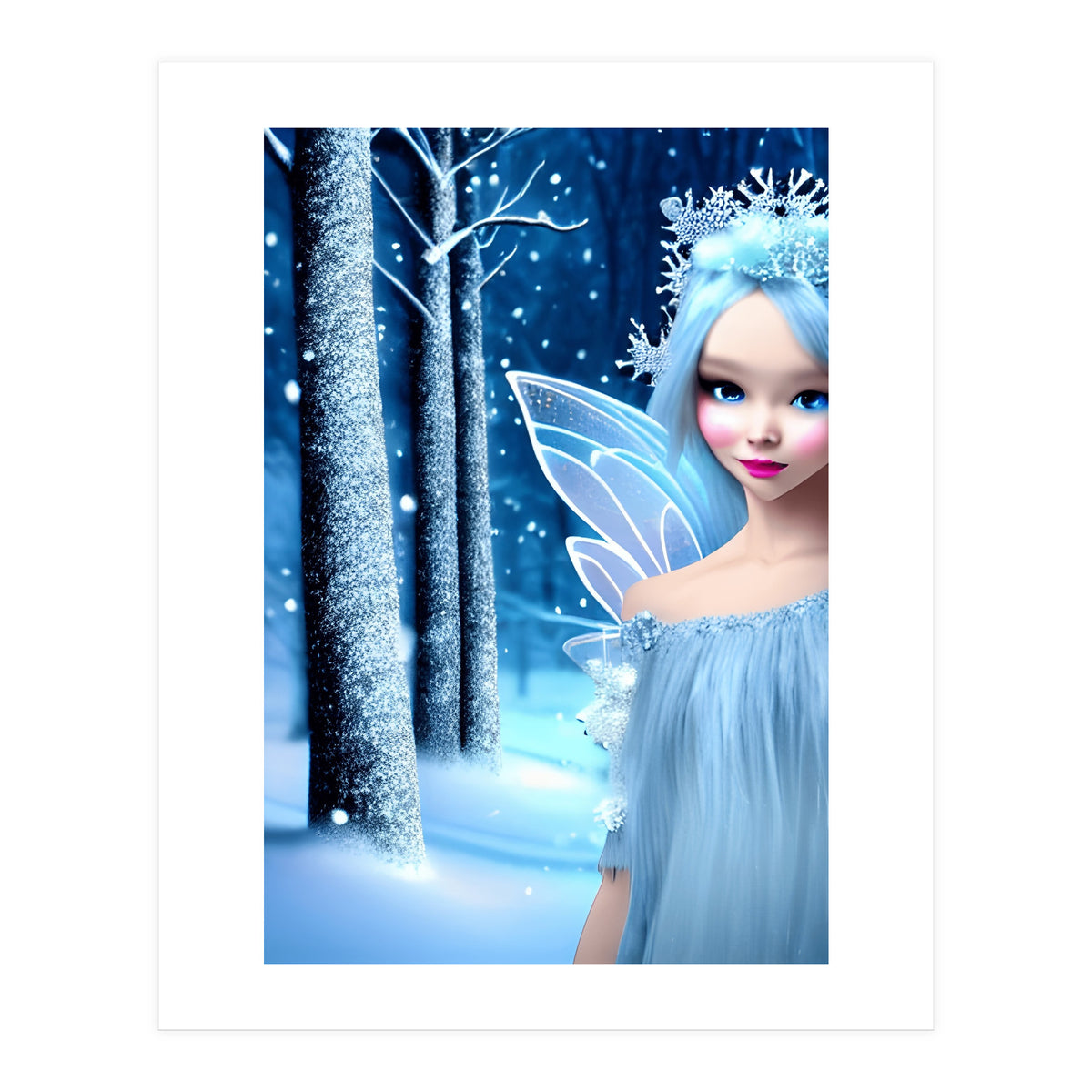 Cute 3d light blue Winter Fairy in the Forest (Print Only)