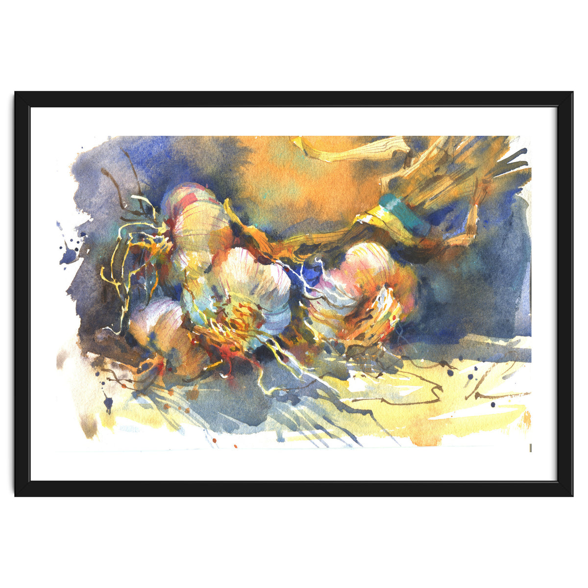 Garlic still life watercolor painting for kitchen