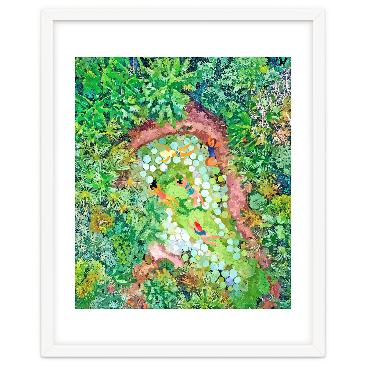 Tropical Vacay | Rainforest Jungle Botanical Lush Nature | Summer Lake People Swim | Boho Painting