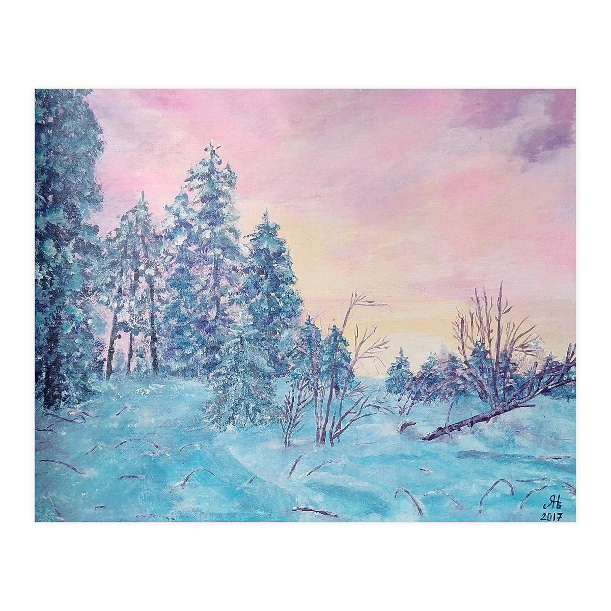 Pink sunrise in the winter forest (Print Only)