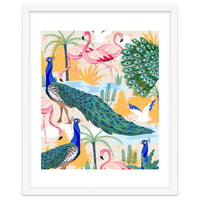 Utopia, Tropical Wildlife Animals, Flamingo Peacock Seagull Vintage Botanical Palm