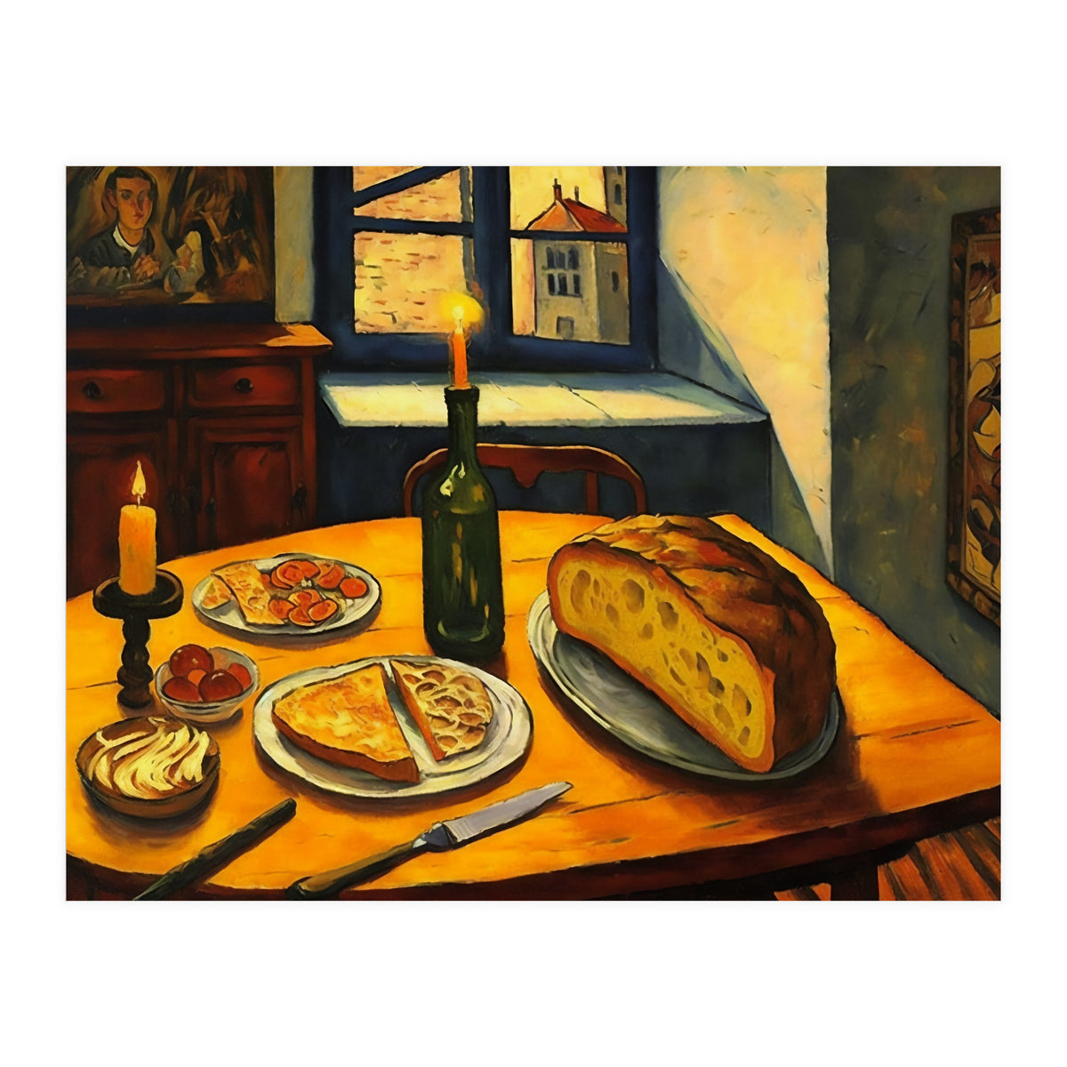 Table Setting of Bread and Cheese Oil Painting (Print Only)