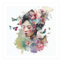 Watercolor Floral Asian Woman #6 (Print Only)