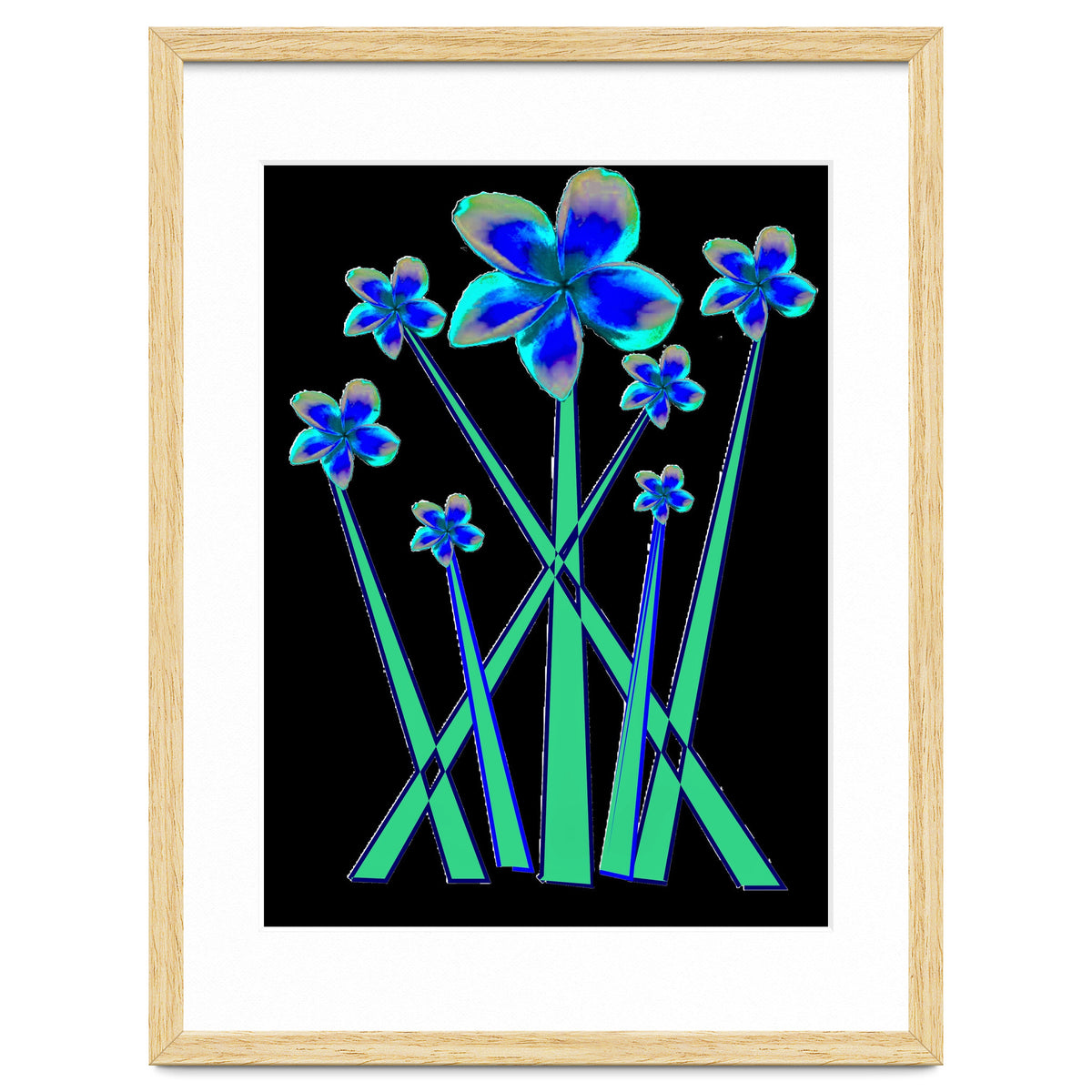 Blue flowers on black.