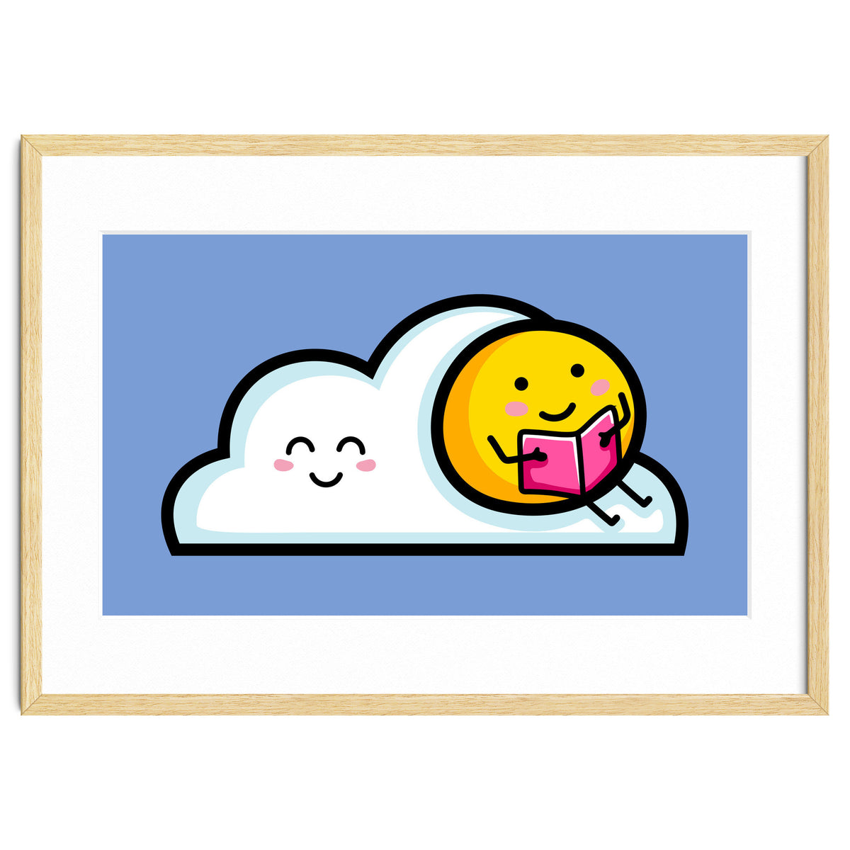 Kawaii Cute Sun Reading A Book On A Cloud