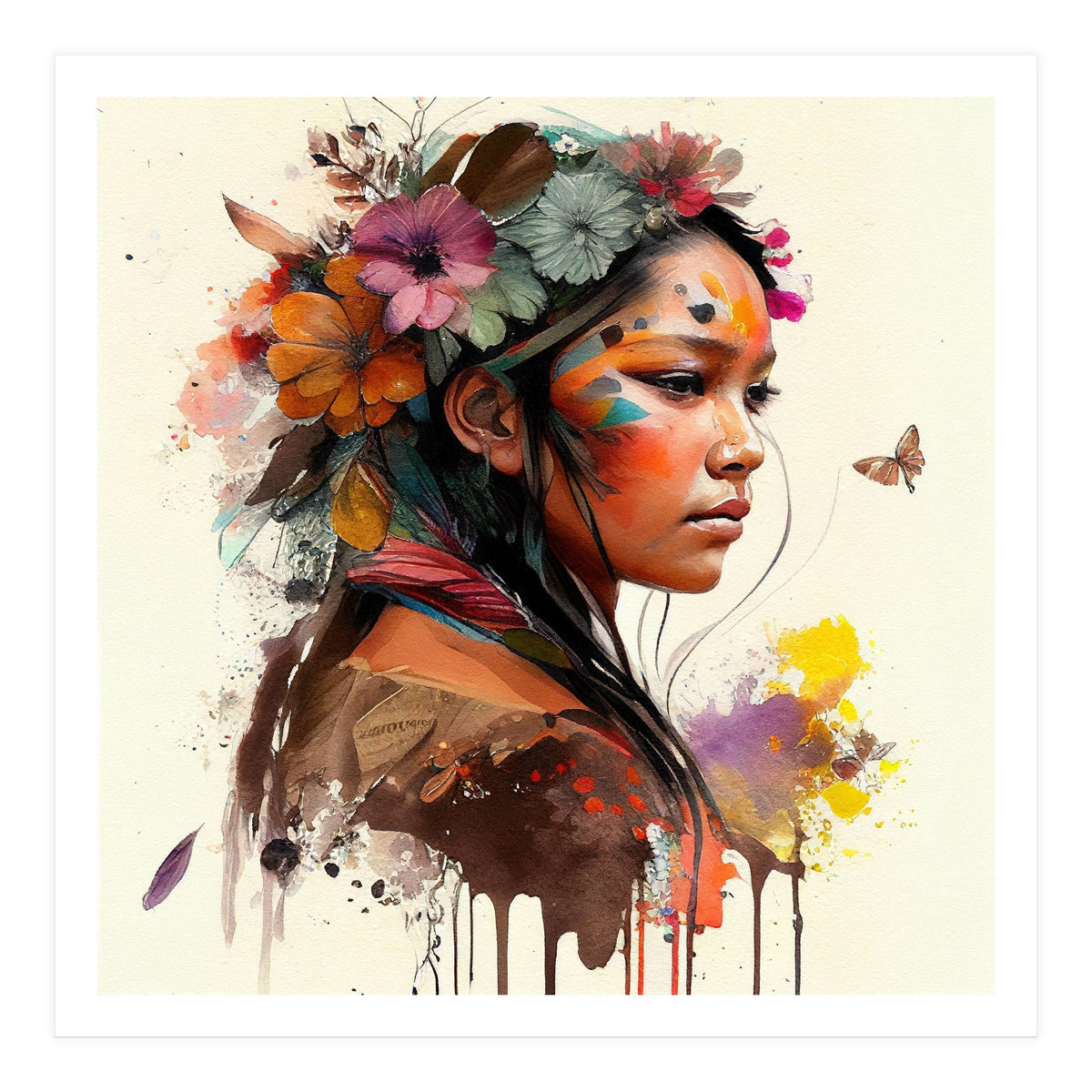 Watercolor Floral Indian Native Woman #4 (Print Only)