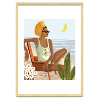 Moon Child, Beach Vacation, Black Woman Illustration Travel Ocean, Tropical Bohemian Fashion