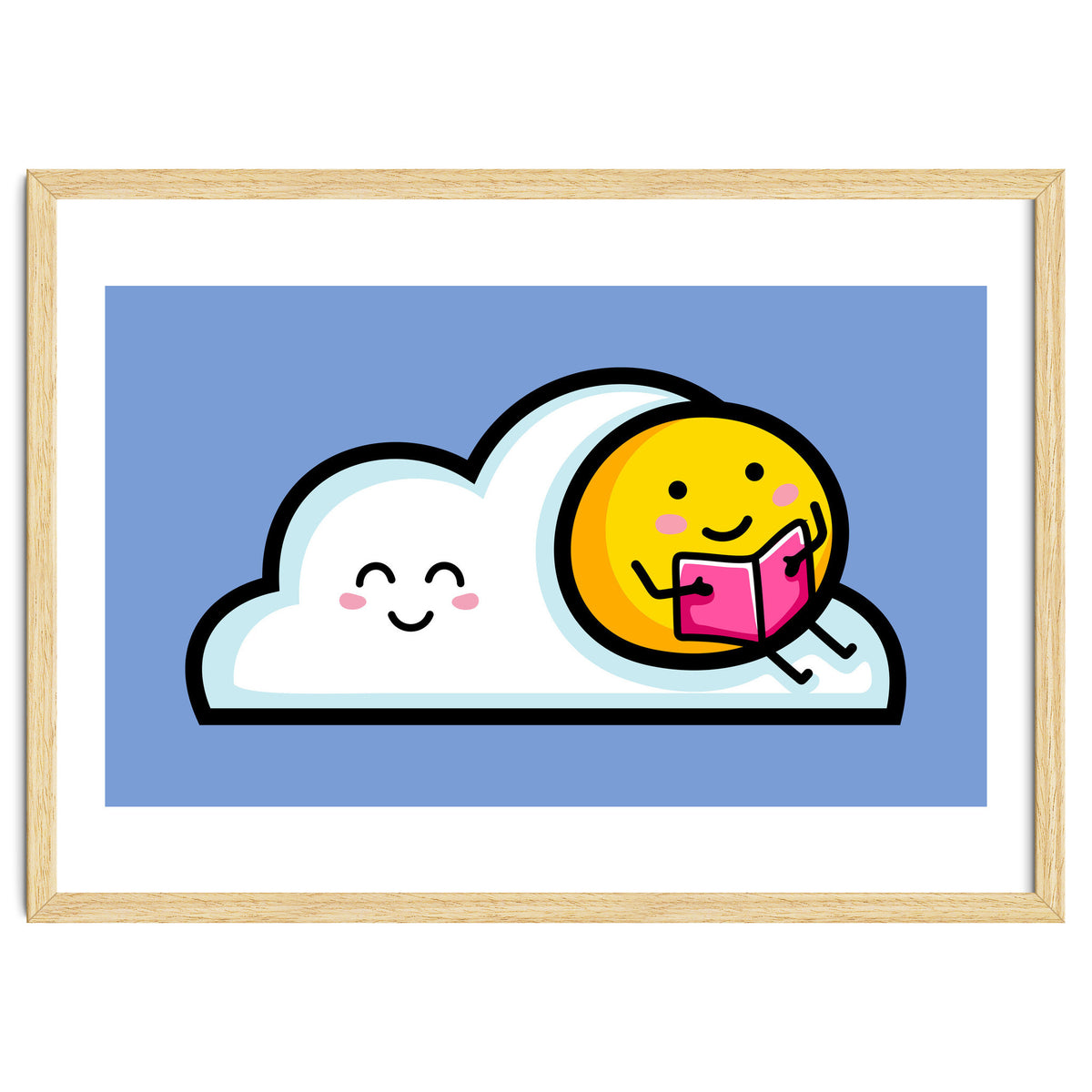 Kawaii Cute Sun Reading A Book On A Cloud