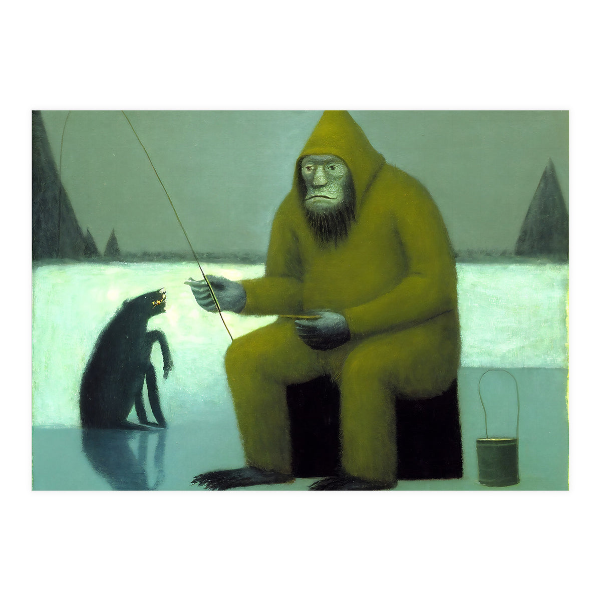 Yeti Ice Fishing With His Dog (Print Only)