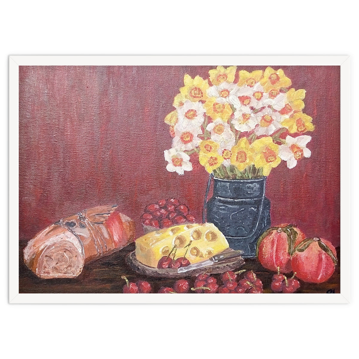 Still life with cheese, daffodils on a red background.