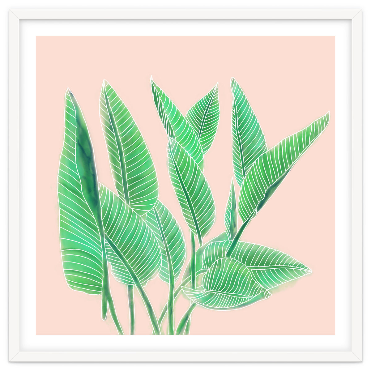 Modern Hand Painted Tropical Green Watercolor Leaf Bird Of Paradise On Pastel Pink