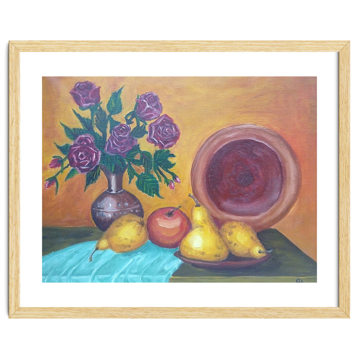 Still life with pears, roses and a dish.