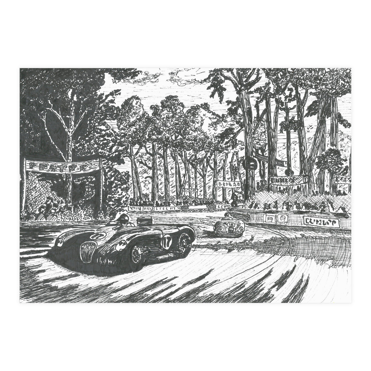 Jaguar C-Type Classic Le Mans Ink Drawing (Print Only)