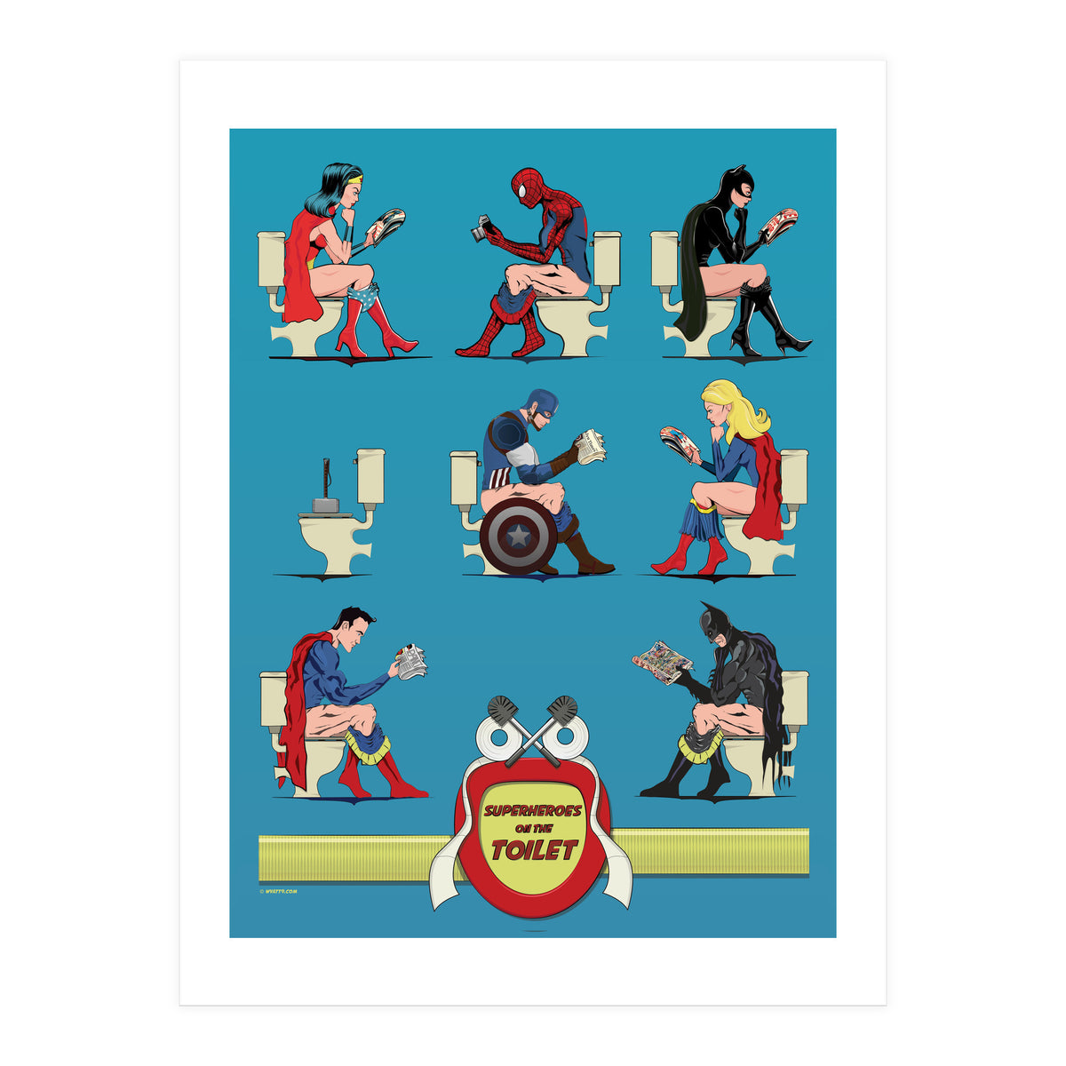 Superheroes on the Toilet, funny poo humour (Print Only)