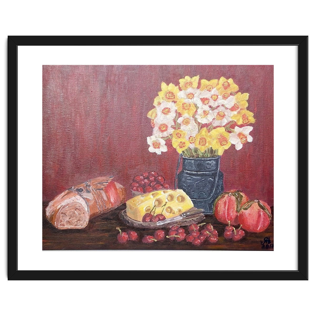 Still life with cheese, daffodils on a red background.