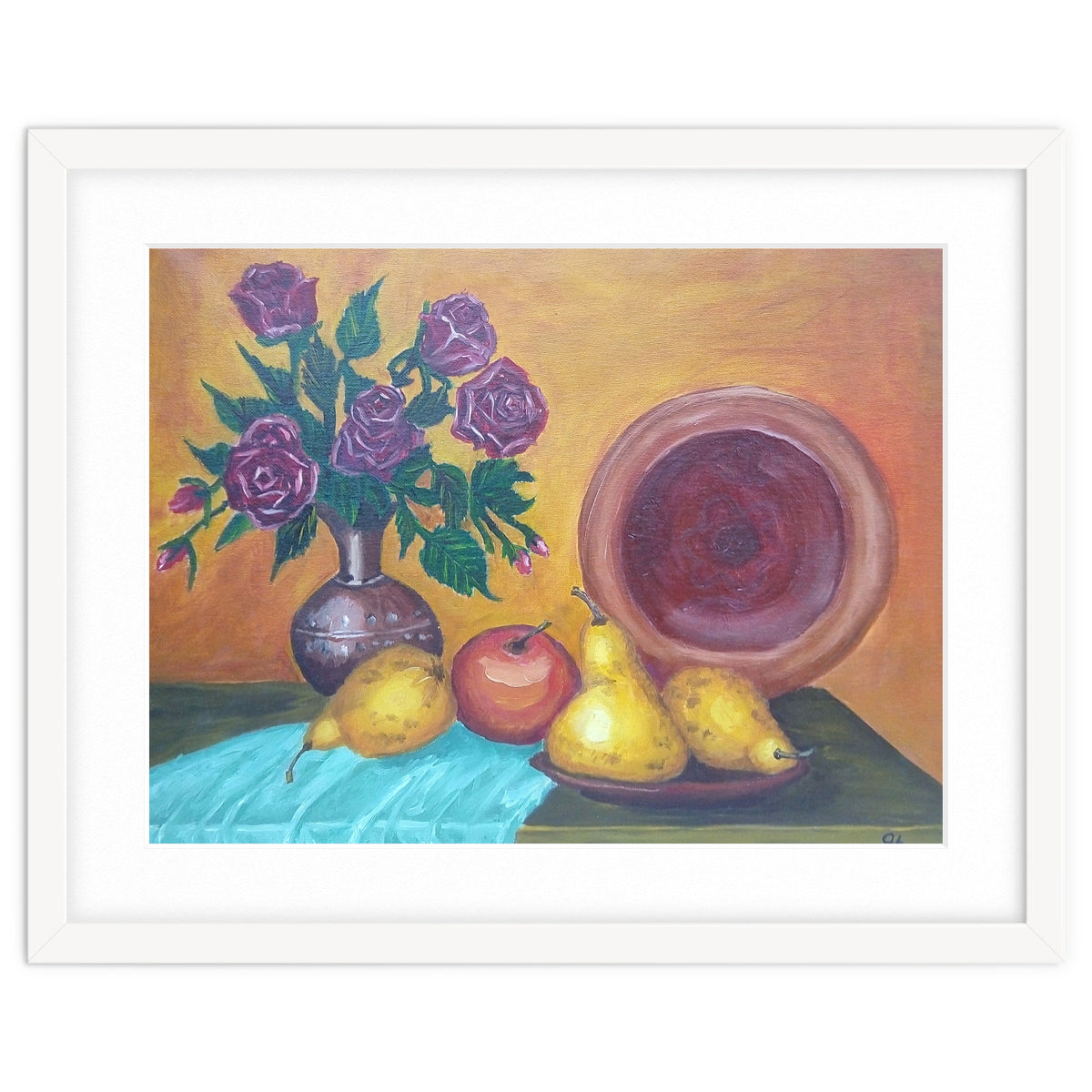 Still life with pears, roses and a dish.