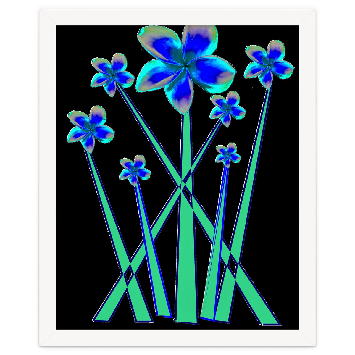 Blue flowers on black.
