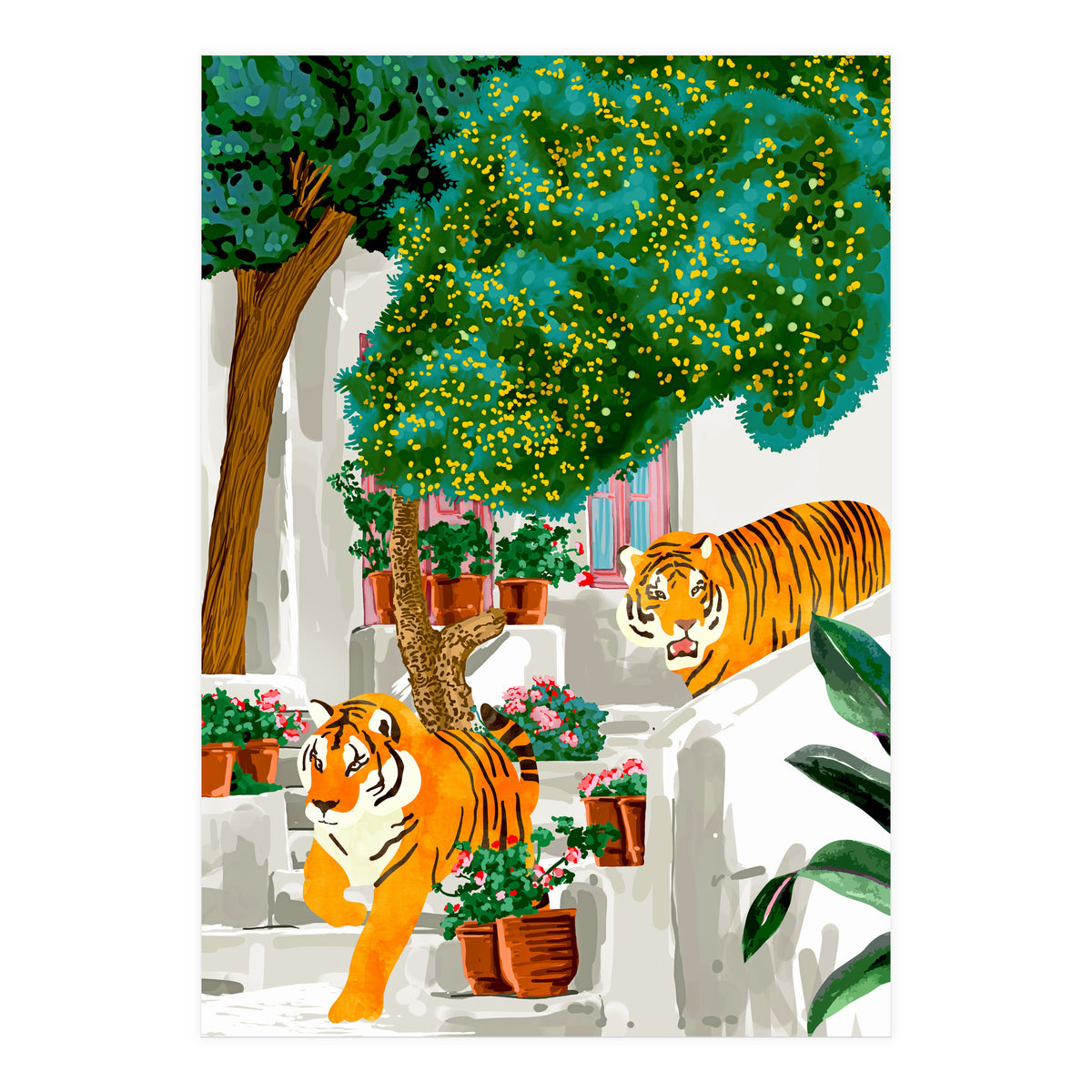 Tigers in Greece | Santorini Travel Architecture, Wildlife Animal Painting | Watercolor Illustration (Print Only)