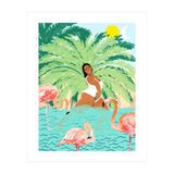 Tropical Summer Water Yoga with Palm & Flamingos | Woman of Color Black Woman Body Positivity (Print Only) thumbnail