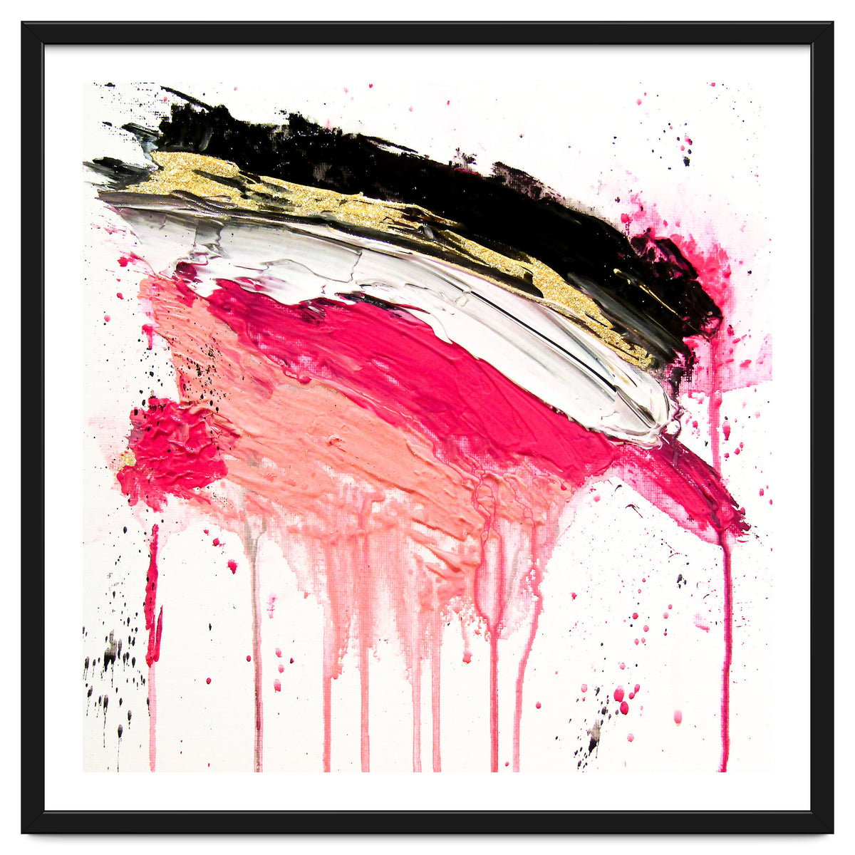 Modern Abstract Pink Black Gold Brushstrokes Splatters Acrylic