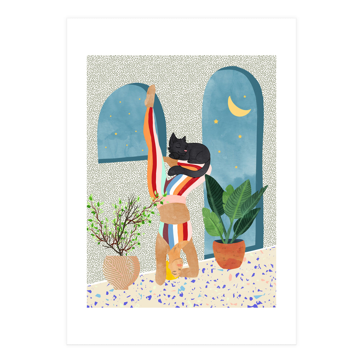 Headstand, Cat Yoga, Active Woman Workout, Eclectic Colorful Pets Terrazzo (Print Only)