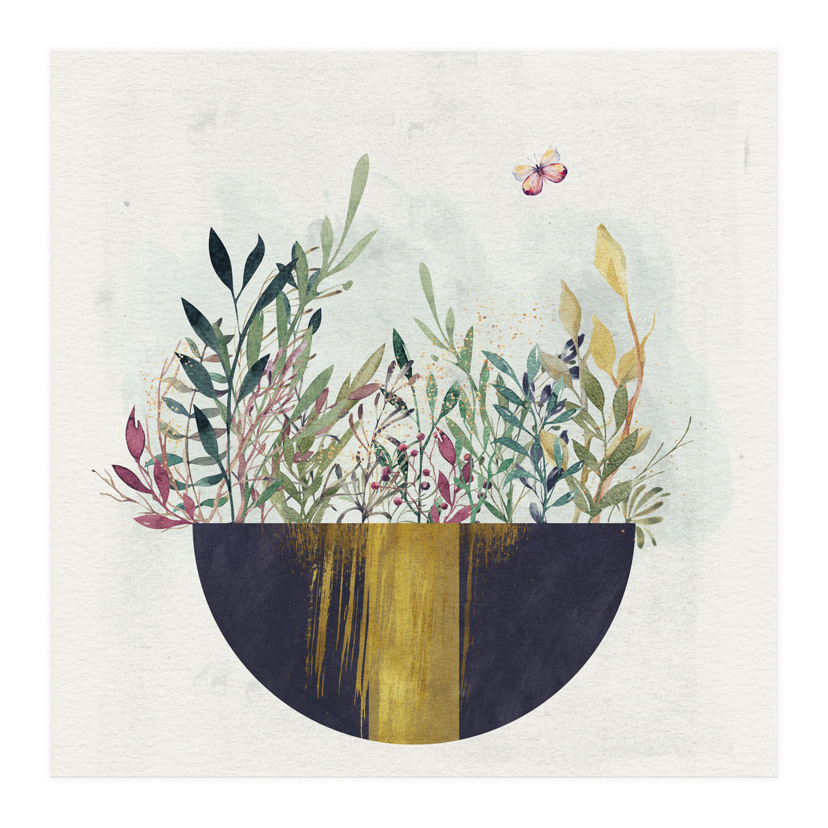 Flowers and leaves in a simple basket (Print Only)