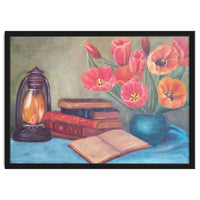 Still life with tulips, books and an old lamp.