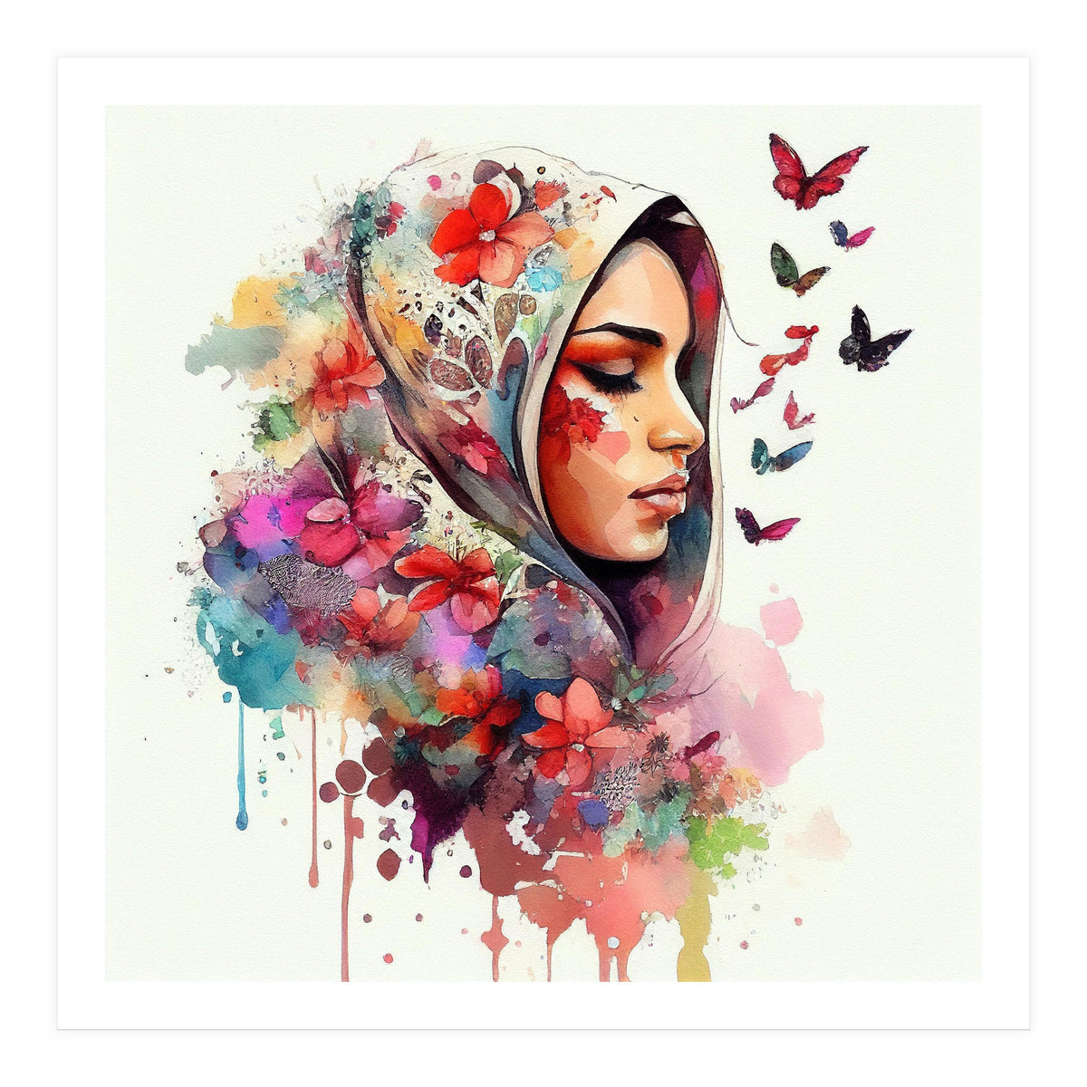 Watercolor Floral Muslim Arabian Woman #4 (Print Only)